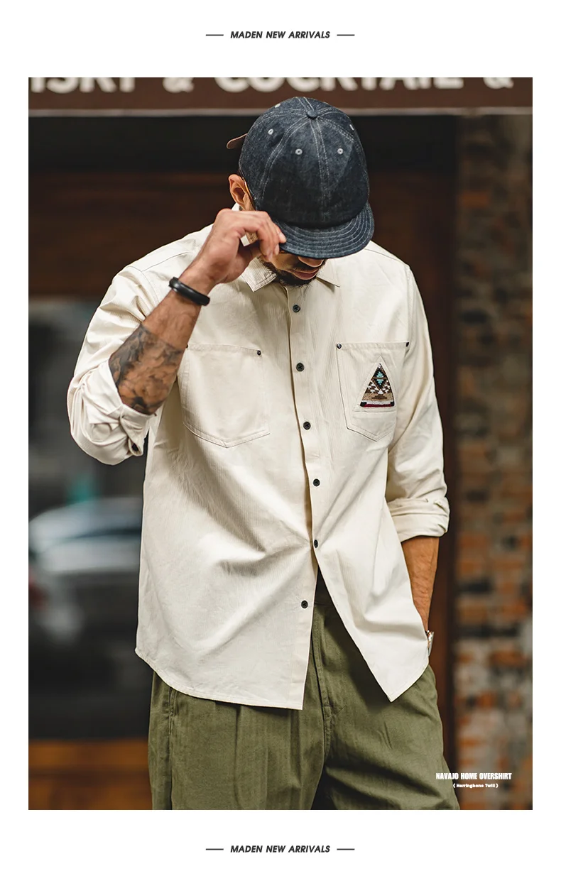 Maden Men Tooling 100% Cotton Indian Totem Shirt Japan Retro Sleeve Patchwork Pocket Turn-down Collar Single-breasted Clothing