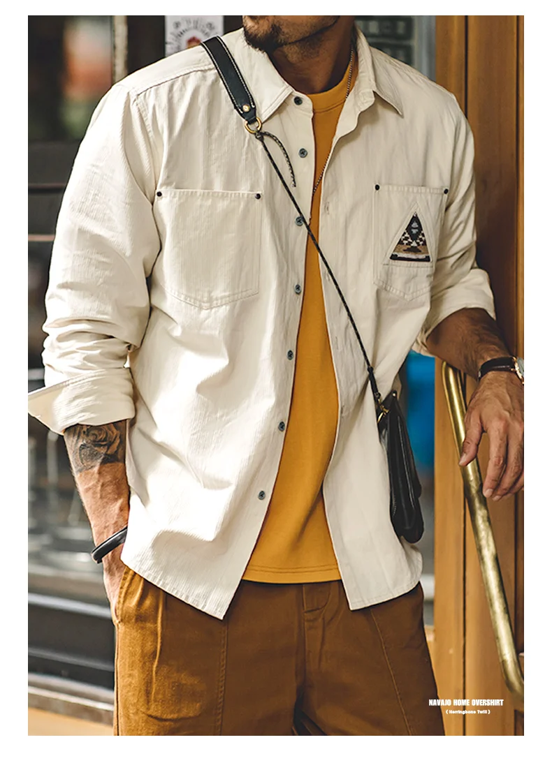 Maden Men Tooling 100% Cotton Indian Totem Shirt Japan Retro Sleeve Patchwork Pocket Turn-down Collar Single-breasted Clothing