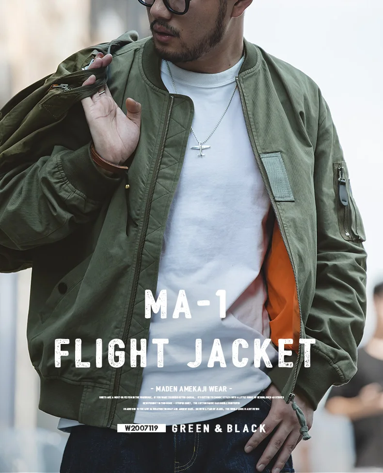 Maden Retro MA1 Bomber Flight Jackets Green Windproof Pilot Jacket Casual Motorcycle Baseball Coat for Men's Spring and Autumn