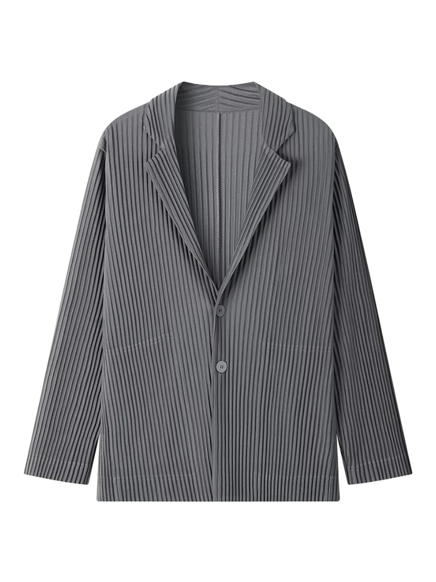 Miyake Pleated Men New Office Black Blazer Luxury High Fashion Suits Partially Lined Autumn Winter Coat
