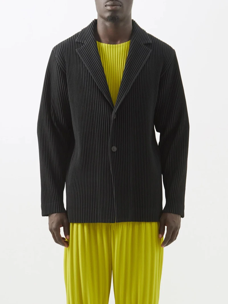 Miyake Pleated Men New Office Black Blazer Luxury High Fashion Suits Partially Lined Autumn Winter Coat