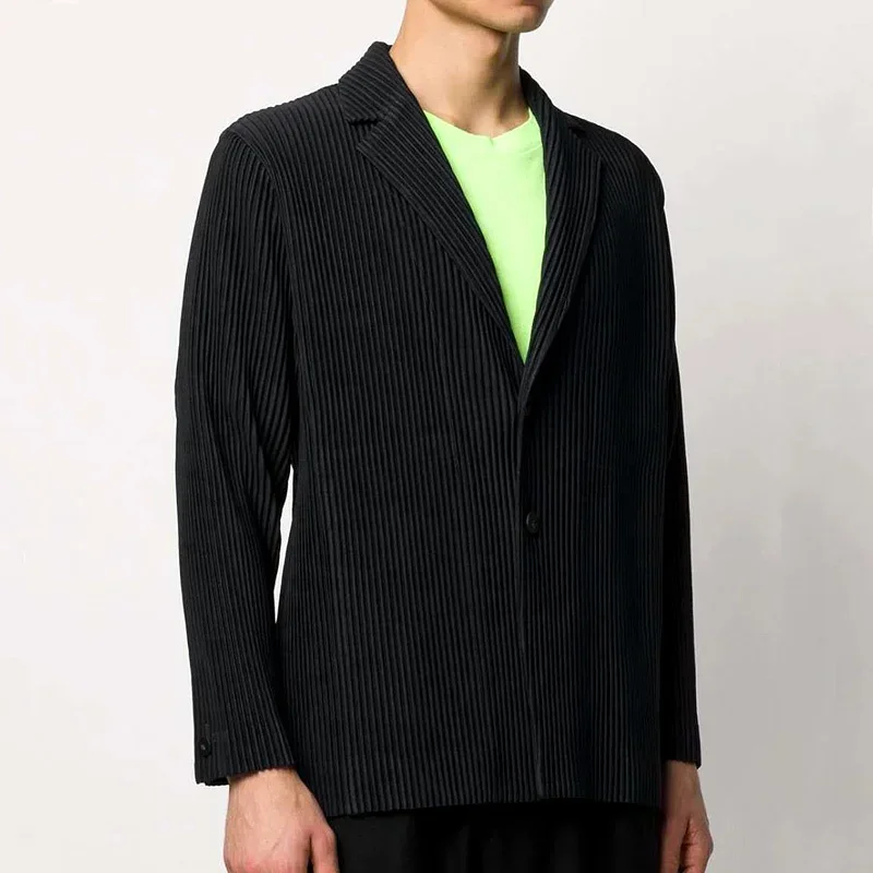 Miyake Pleated Men New Office Black Blazer Luxury High Fashion Suits Partially Lined Autumn Winter Coat