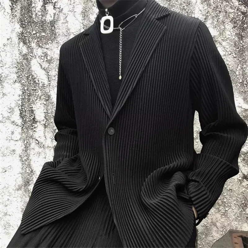 Miyake Pleated Men New Office Black Blazer Luxury High Fashion Suits Partially Lined Autumn Winter Coat