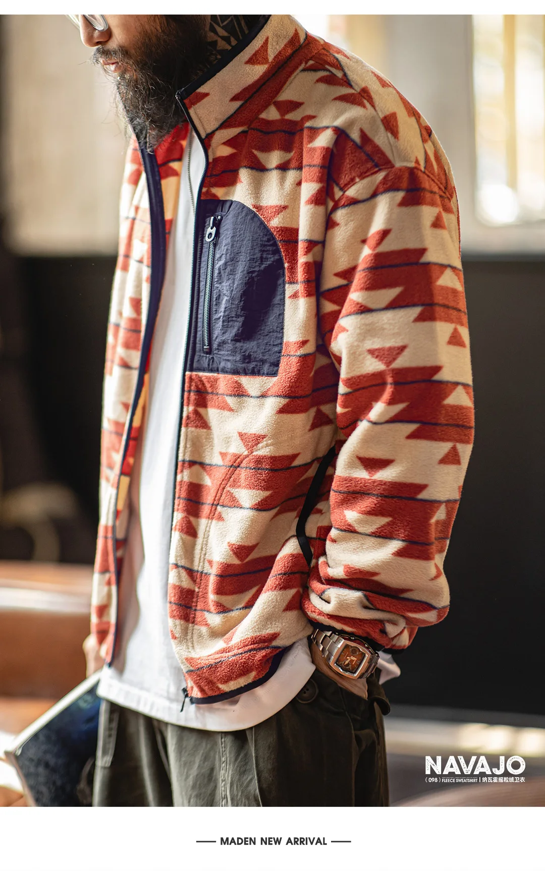 Maden Men's Navajo Pattern Fleece Full Zip Jacket with Stand Collar Vintage Cardigan for Spring Outdoor Casual Comfortable Coat