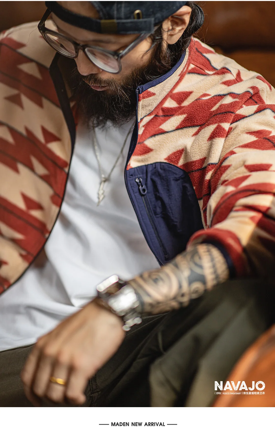 Maden Men's Navajo Pattern Fleece Full Zip Jacket with Stand Collar Vintage Cardigan for Spring Outdoor Casual Comfortable Coat