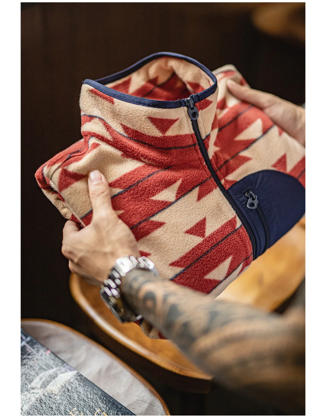 Maden Men's Navajo Pattern Fleece Full Zip Jacket with Stand Collar Vintage Cardigan for Spring Outdoor Casual Comfortable Coat