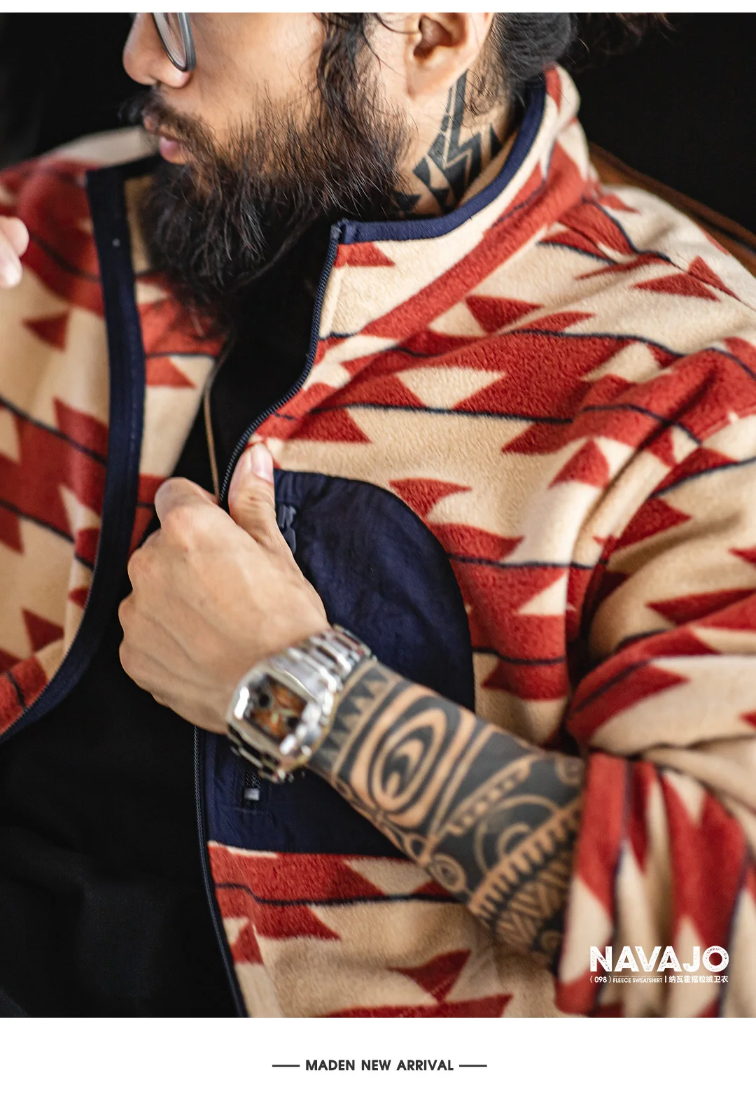 Maden Men's Navajo Pattern Fleece Full Zip Jacket with Stand Collar Vintage Cardigan for Spring Outdoor Casual Comfortable Coat