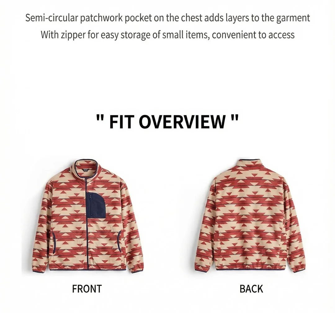 Maden Men's Navajo Pattern Fleece Full Zip Jacket with Stand Collar Vintage Cardigan for Spring Outdoor Casual Comfortable Coat