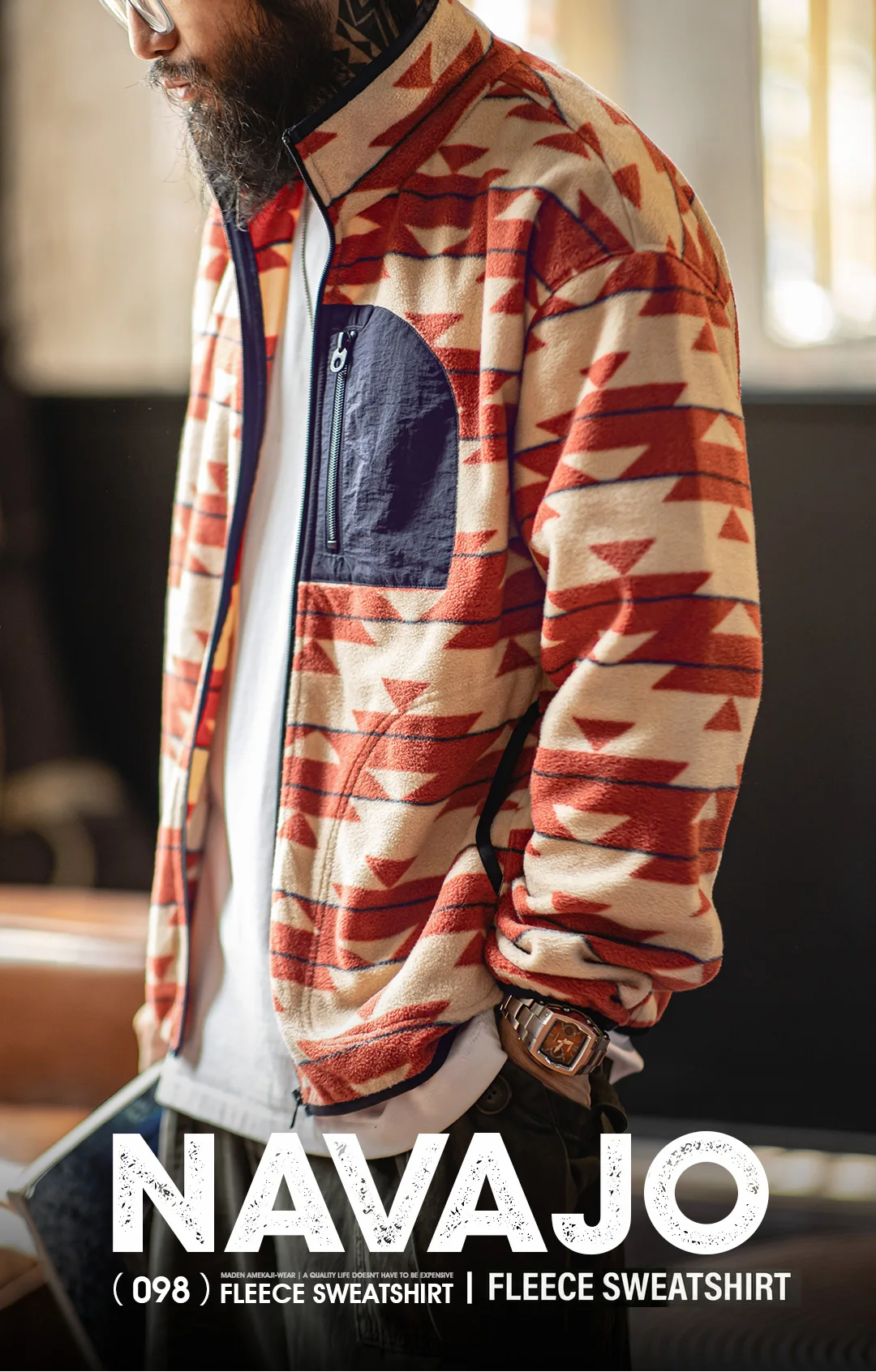 Maden Men's Navajo Pattern Fleece Full Zip Jacket with Stand Collar Vintage Cardigan for Spring Outdoor Casual Comfortable Coat