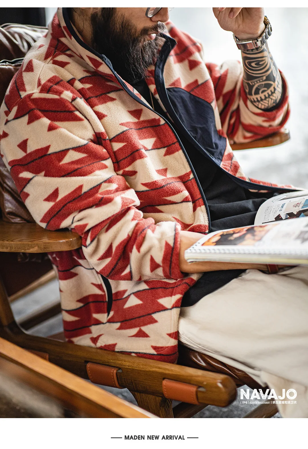 Maden Men's Navajo Pattern Fleece Full Zip Jacket with Stand Collar Vintage Cardigan for Spring Outdoor Casual Comfortable Coat