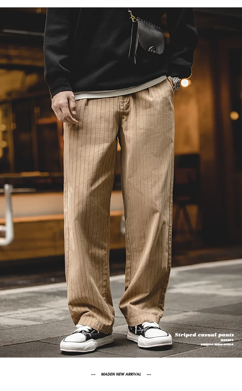 Maden Retro 12.8oz Grey Striped Jeans Straight Fit Zip Fly with Pockets Versatile Herringbone Trousers for Men's Spring and Fall