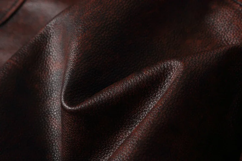 Top layer Cow Oversized Leather Jacket Red-Brown American retro Motorcycle Style Color Distressed High Sense Coat