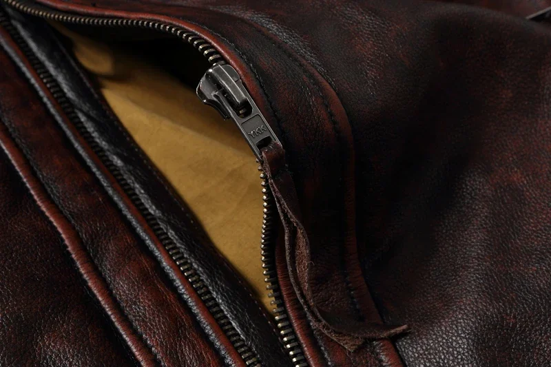 Top layer Cow Oversized Leather Jacket Red-Brown American retro Motorcycle Style Color Distressed High Sense Coat