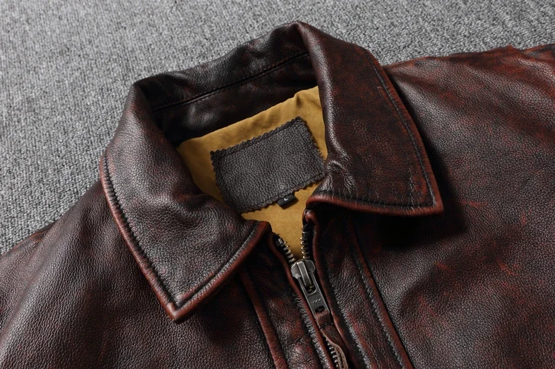 Top layer Cow Oversized Leather Jacket Red-Brown American retro Motorcycle Style Color Distressed High Sense Coat