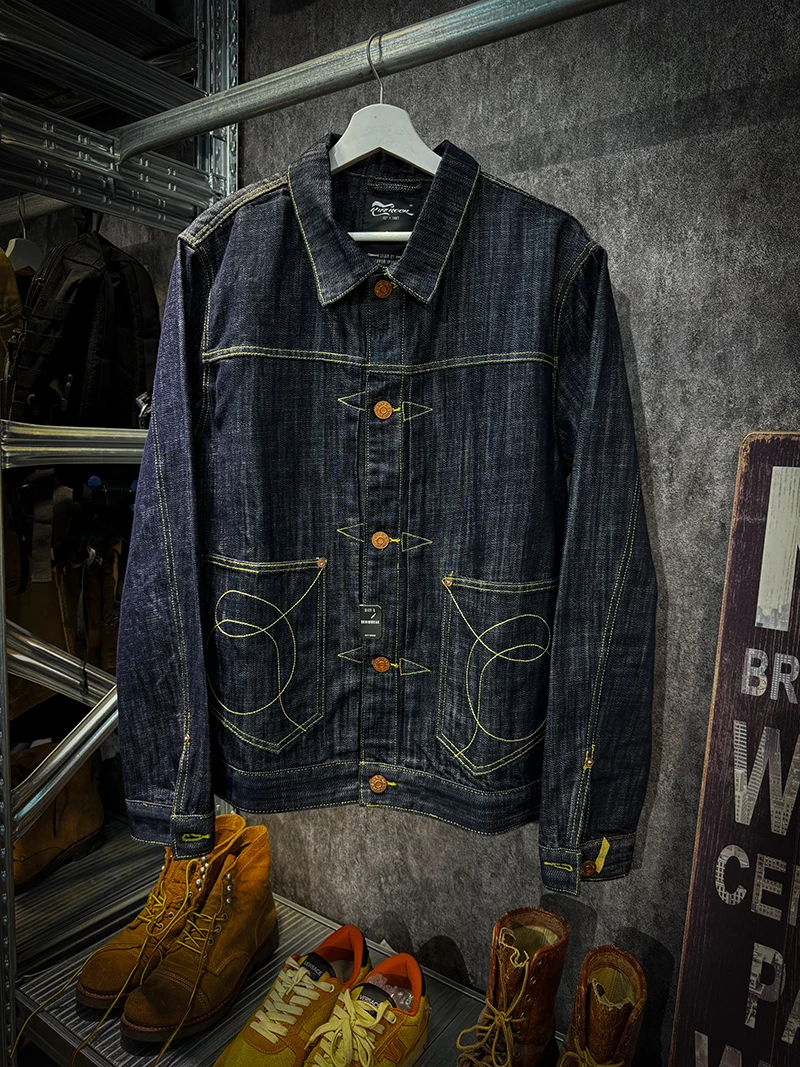 16 oz unstarched Black wood dyed red earthen denim jacket Heavy weight work shirt for fall and winter