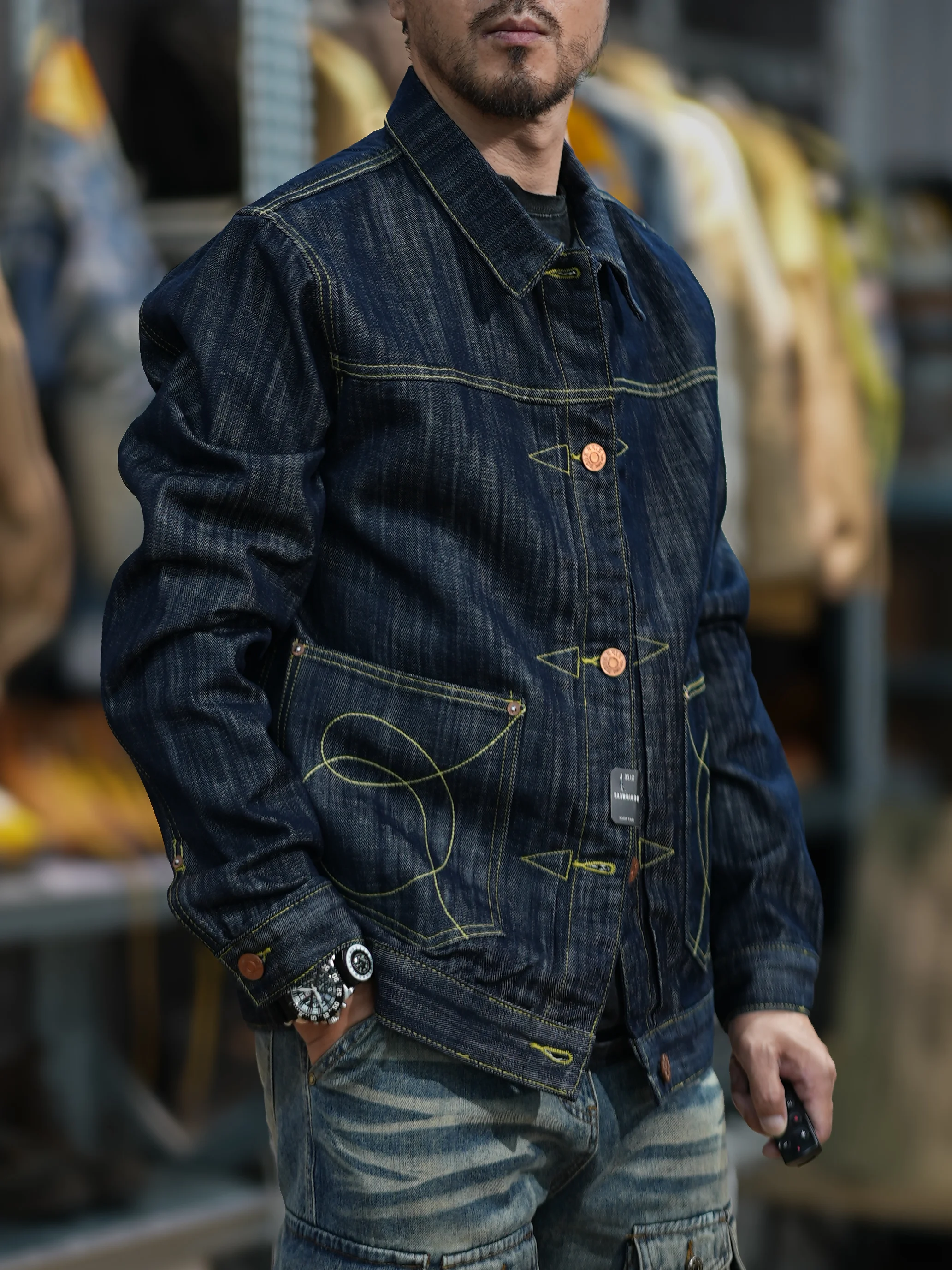 16 oz unstarched Black wood dyed red earthen denim jacket Heavy weight work shirt for fall and winter