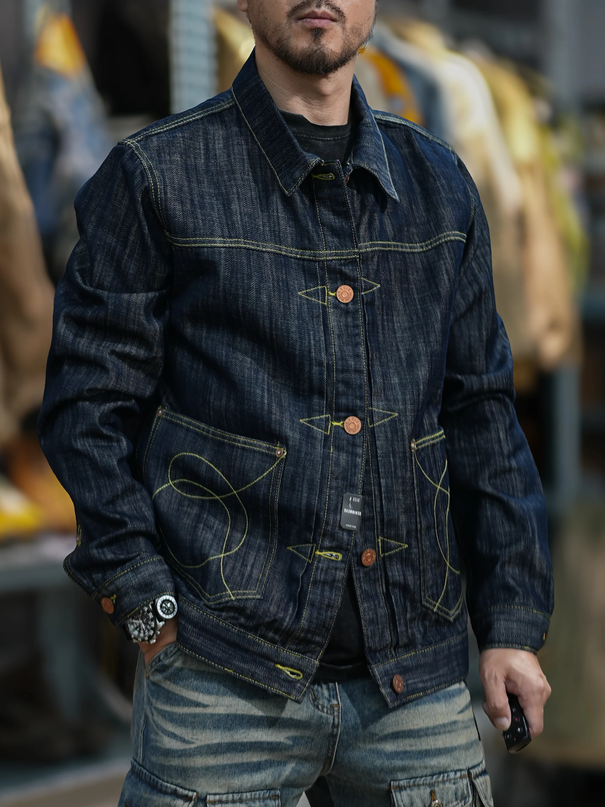 16 oz unstarched Black wood dyed red earthen denim jacket Heavy weight work shirt for fall and winter