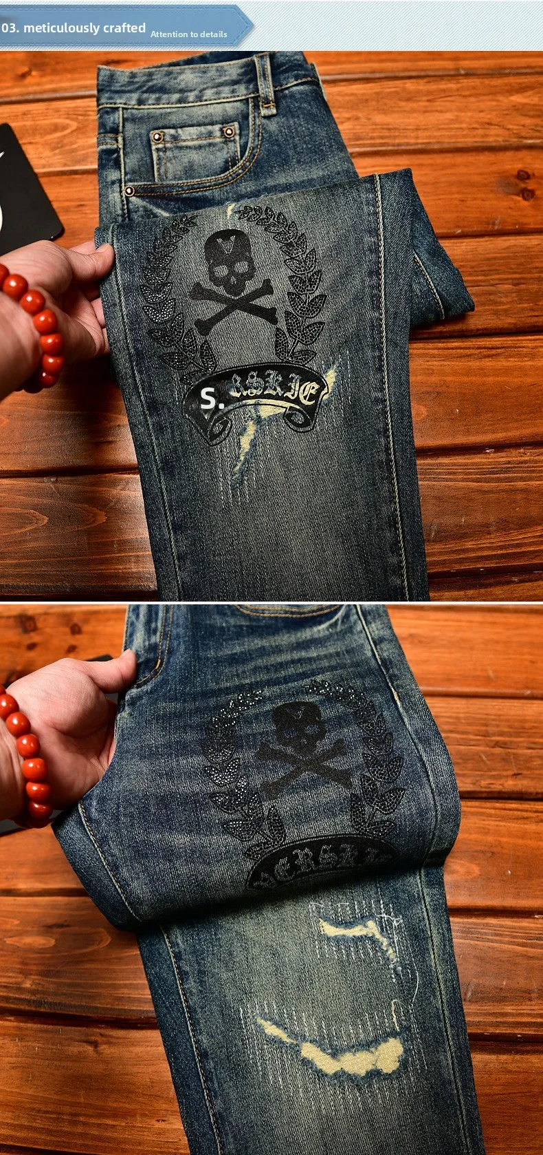 High end jeans men with ripped holes, street fashion prints,, small feet, elastic, retro and handsome pants