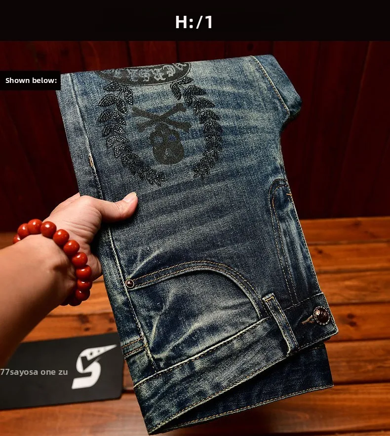High end jeans men with ripped holes, street fashion prints,, small feet, elastic, retro and handsome pants