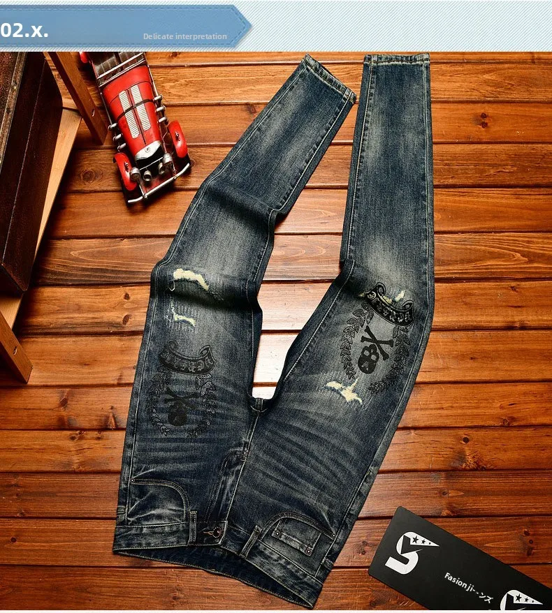 High end jeans men with ripped holes, street fashion prints,, small feet, elastic, retro and handsome pants
