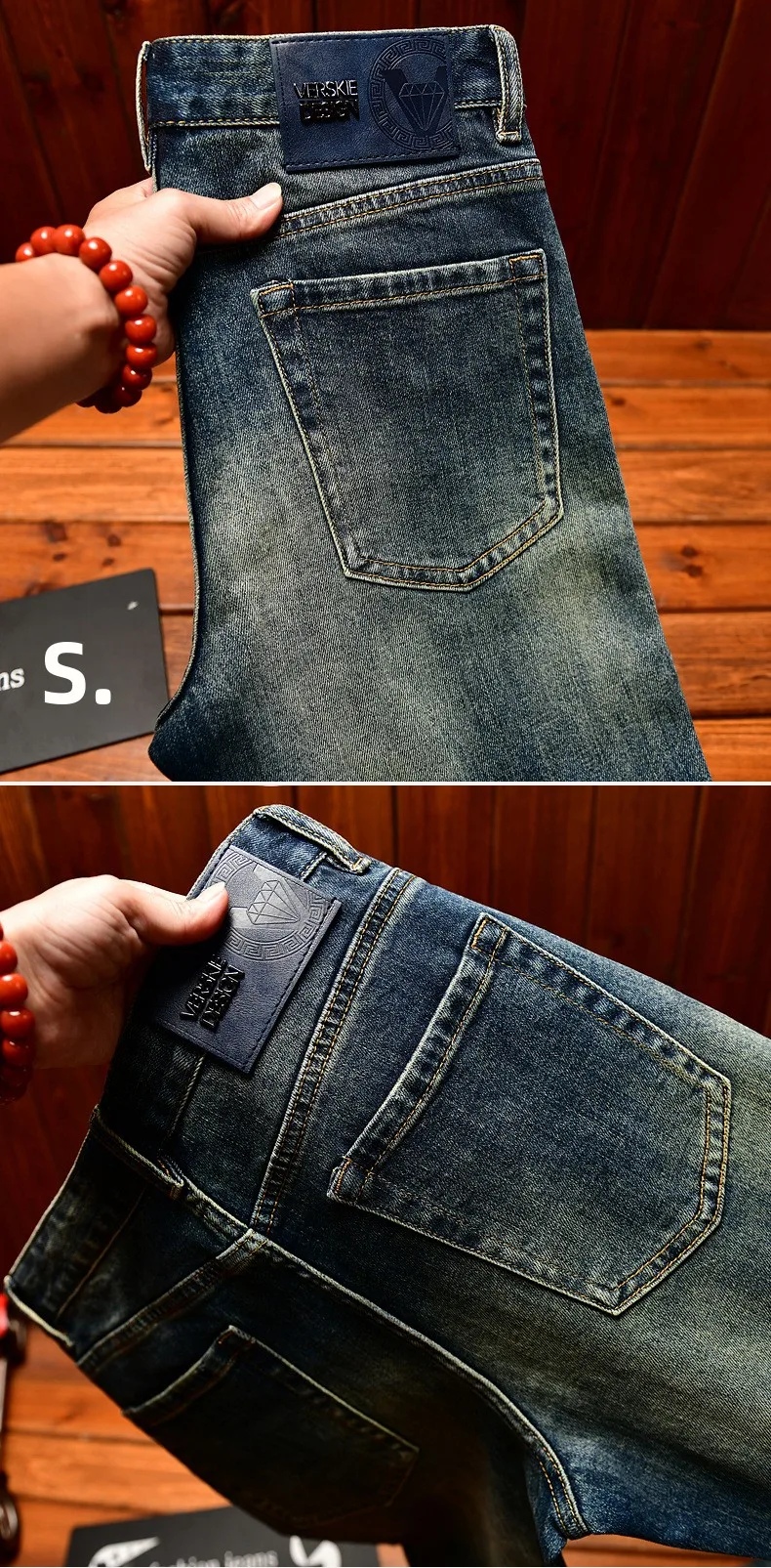 High end jeans men with ripped holes, street fashion prints,, small feet, elastic, retro and handsome pants