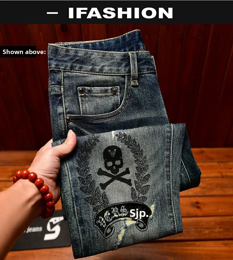 High end jeans men with ripped holes, street fashion prints,, small feet, elastic, retro and handsome pants