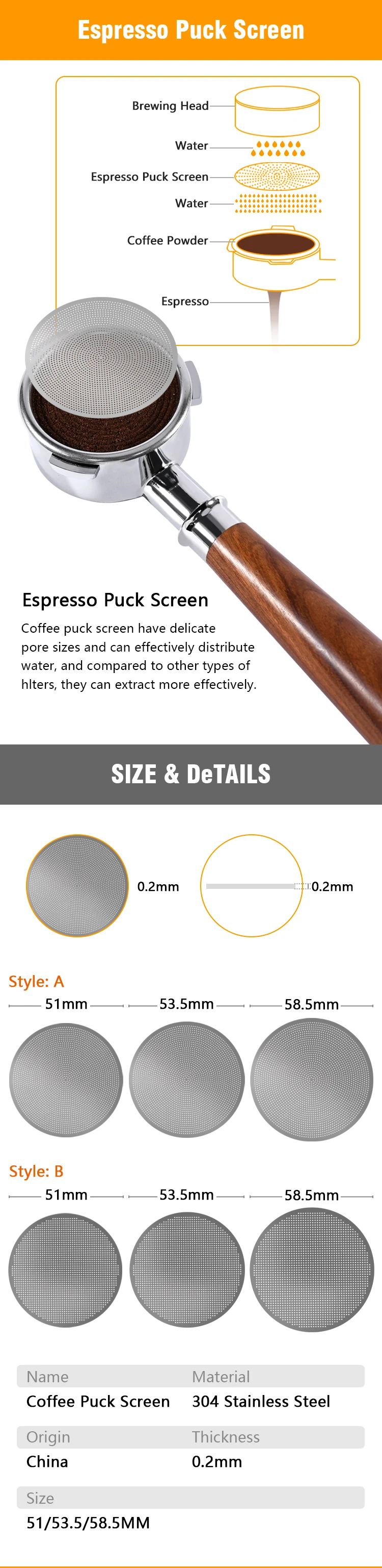 Espresso Puck Screen Coffee Filter Reusable Stainless Steel Holder 0.2mm For 51/54/58mm Coffee Portafilter Barista Accessories