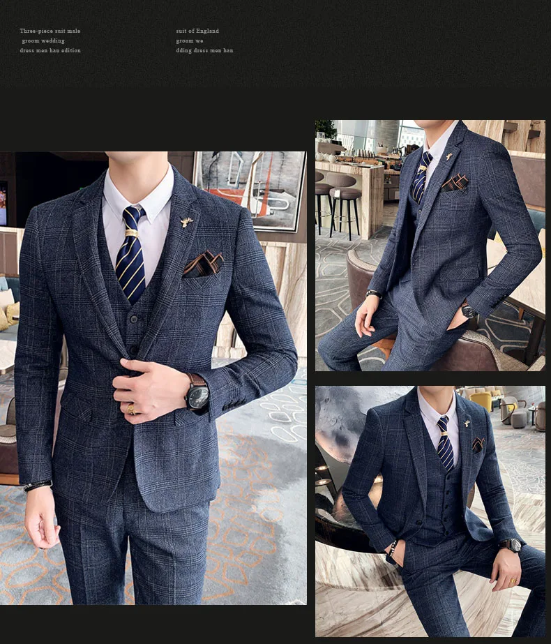 S-7XL (Jacket+Vest+Pants) Fashion Boutique Lattice Formal Business Mens Suit 3Pcs Set Groom Wedding Dress Plaid Suit Show Stage