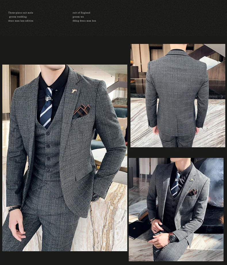 S-7XL (Jacket+Vest+Pants) Fashion Boutique Lattice Formal Business Mens Suit 3Pcs Set Groom Wedding Dress Plaid Suit Show Stage