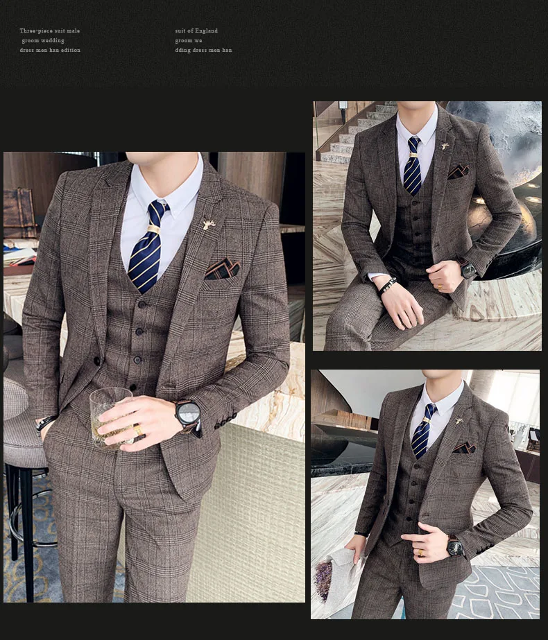 S-7XL (Jacket+Vest+Pants) Fashion Boutique Lattice Formal Business Mens Suit 3Pcs Set Groom Wedding Dress Plaid Suit Show Stage
