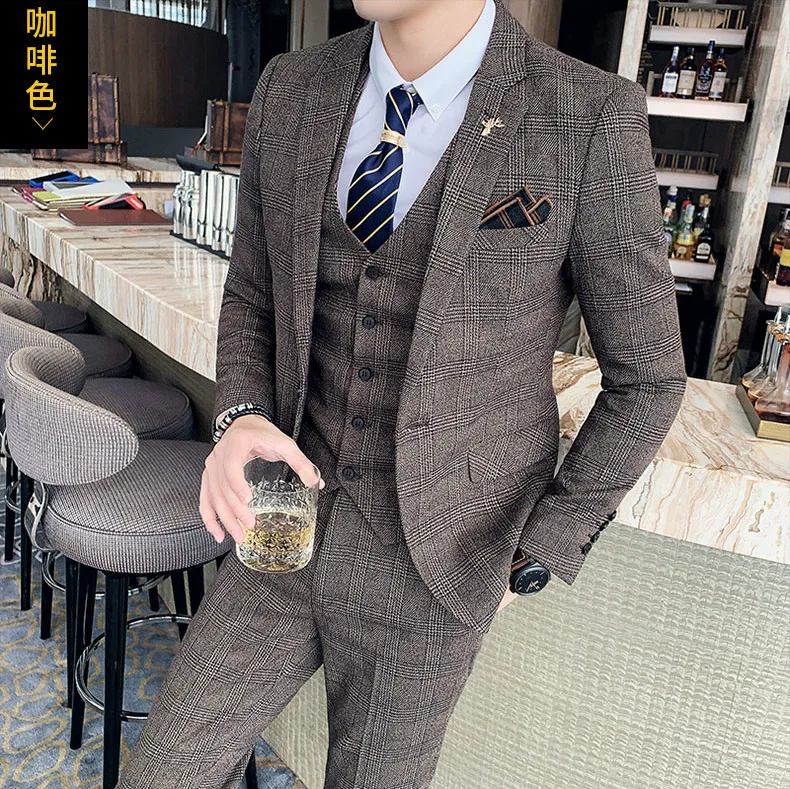 S-7XL (Jacket+Vest+Pants) Fashion Boutique Lattice Formal Business Mens Suit 3Pcs Set Groom Wedding Dress Plaid Suit Show Stage