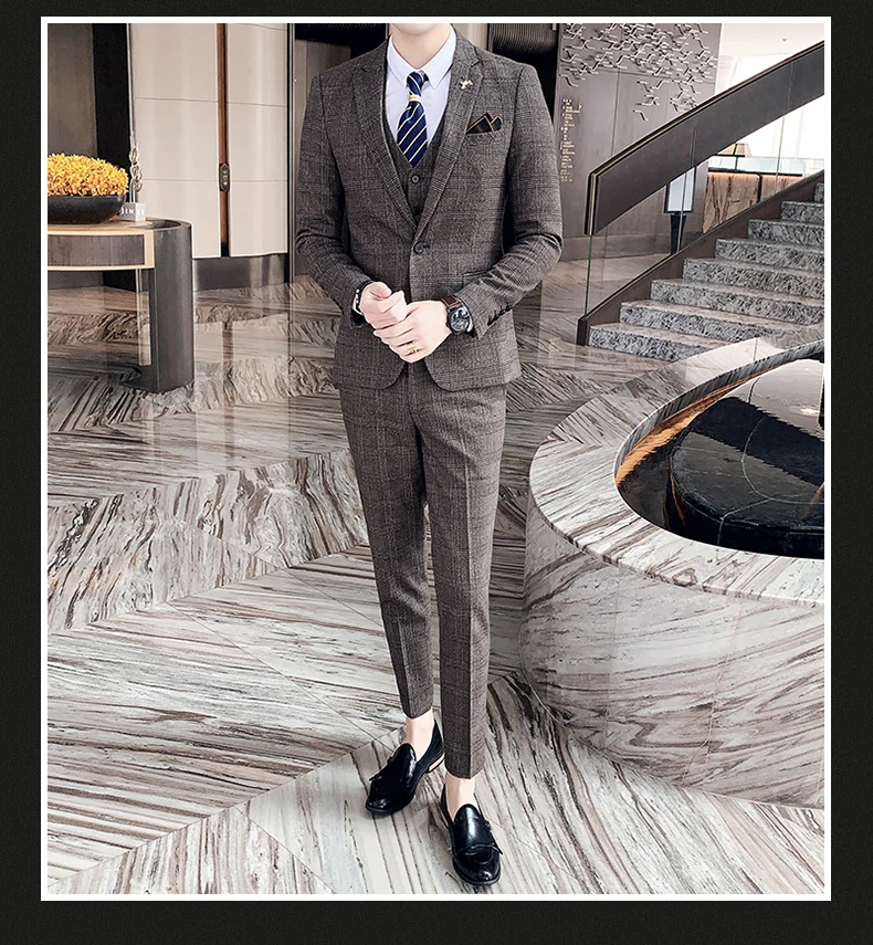 S-7XL (Jacket+Vest+Pants) Fashion Boutique Lattice Formal Business Mens Suit 3Pcs Set Groom Wedding Dress Plaid Suit Show Stage