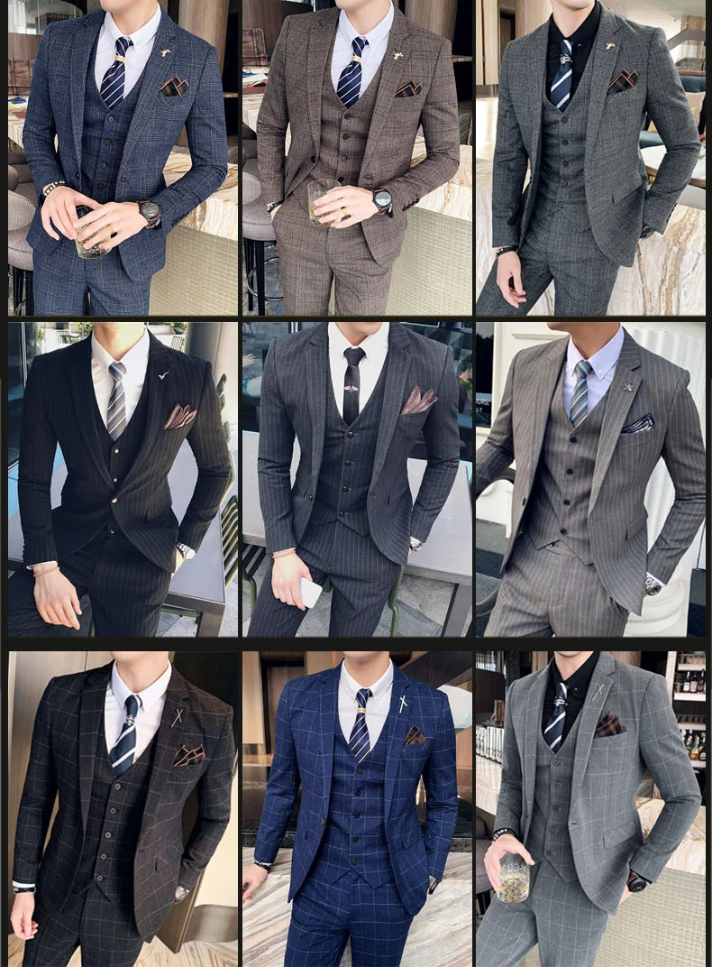 S-7XL (Jacket+Vest+Pants) Fashion Boutique Lattice Formal Business Mens Suit 3Pcs Set Groom Wedding Dress Plaid Suit Show Stage
