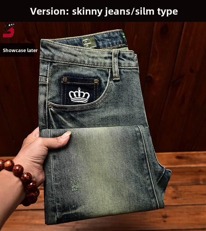 2026 Retro Nostalgic Jeans Men's Embroidered Print Spring and Autumn Men's Clothing Elastic Slimming Small Foot Trendy Pants