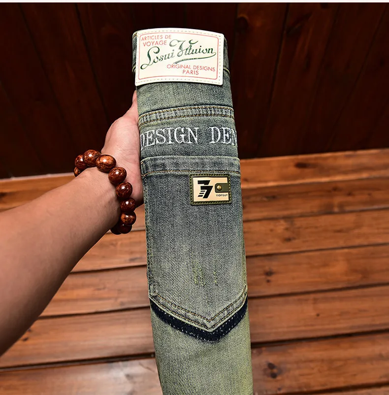 2026 Retro Nostalgic Jeans Men's Embroidered Print Spring and Autumn Men's Clothing Elastic Slimming Small Foot Trendy Pants