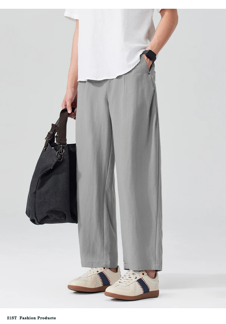 Men Breathable cool Spring Summer Lightweight Linen Blend Ankle-length Pants cityboy Loose Wide Leg Casual Pants Harem Trousers