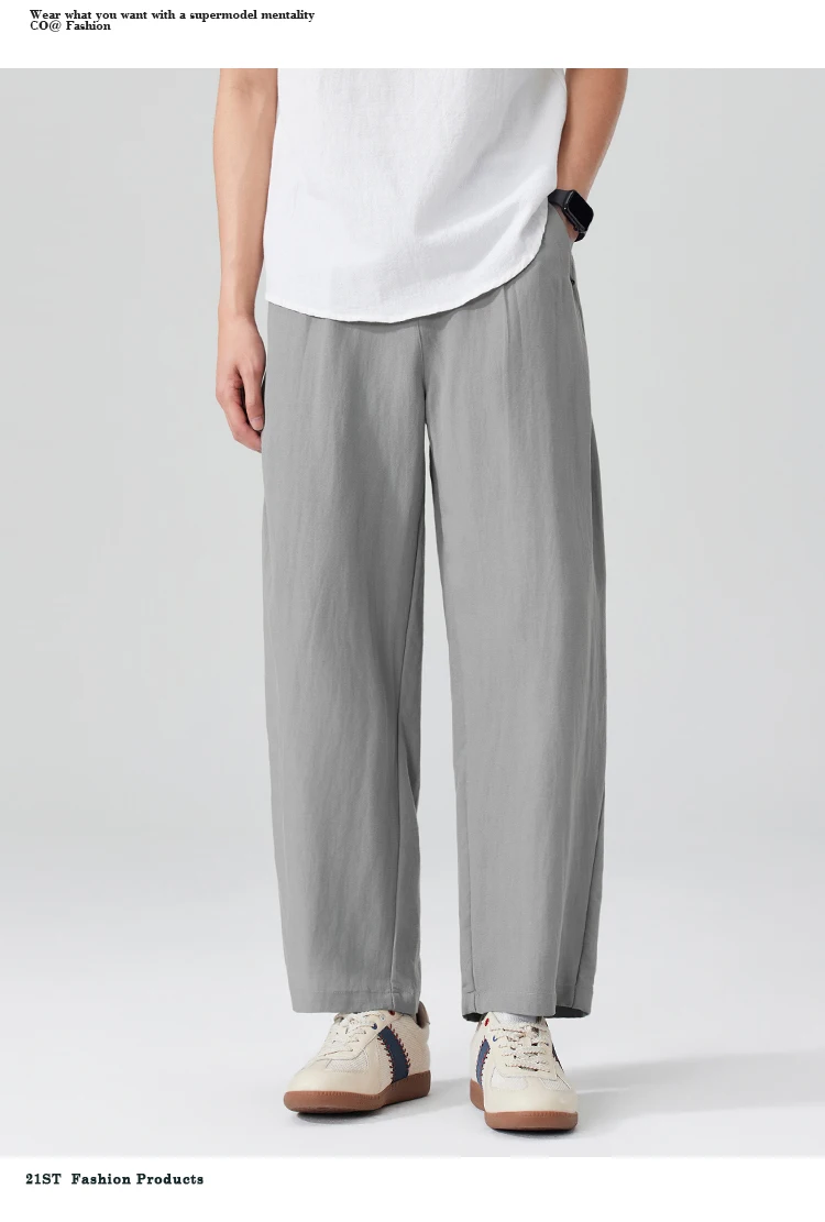 Men Breathable cool Spring Summer Lightweight Linen Blend Ankle-length Pants cityboy Loose Wide Leg Casual Pants Harem Trousers