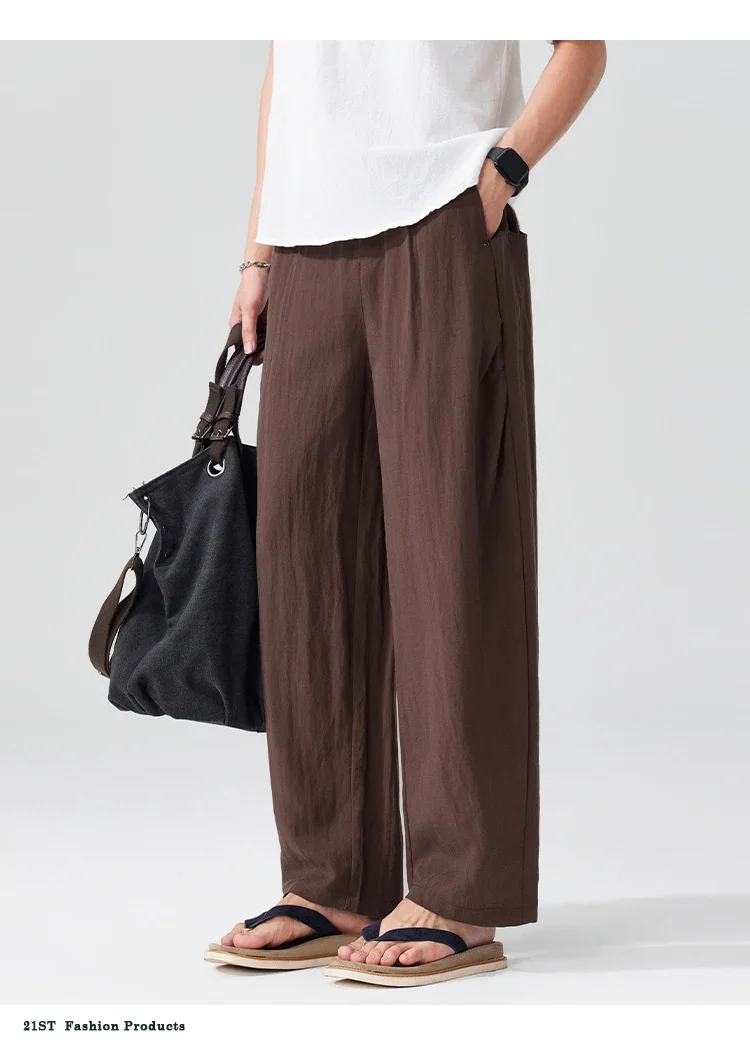 Men Breathable cool Spring Summer Lightweight Linen Blend Ankle-length Pants cityboy Loose Wide Leg Casual Pants Harem Trousers