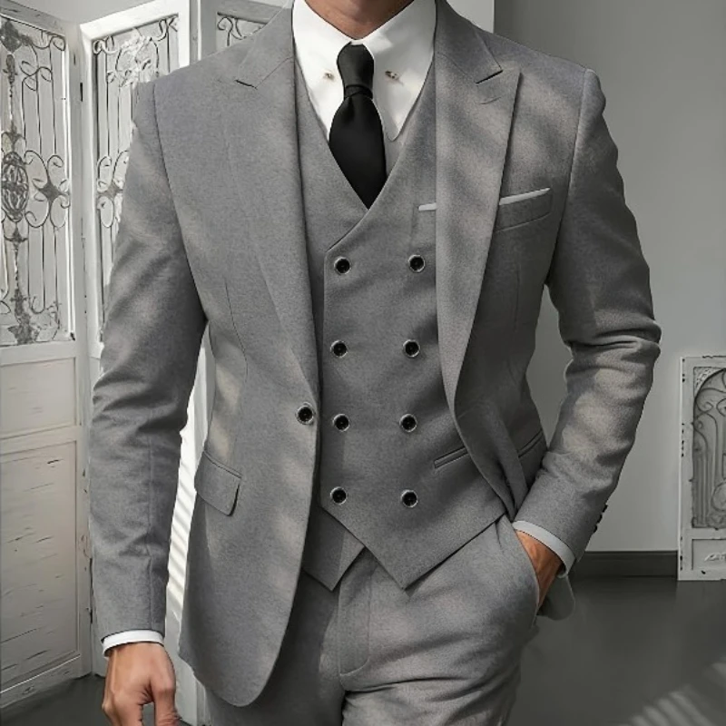 Men's Classic 3-Piece Suit Set - Slim Fit Notched Lapel Blazer with Vest & Pants, Versatile Formal Outfit for Business & Events