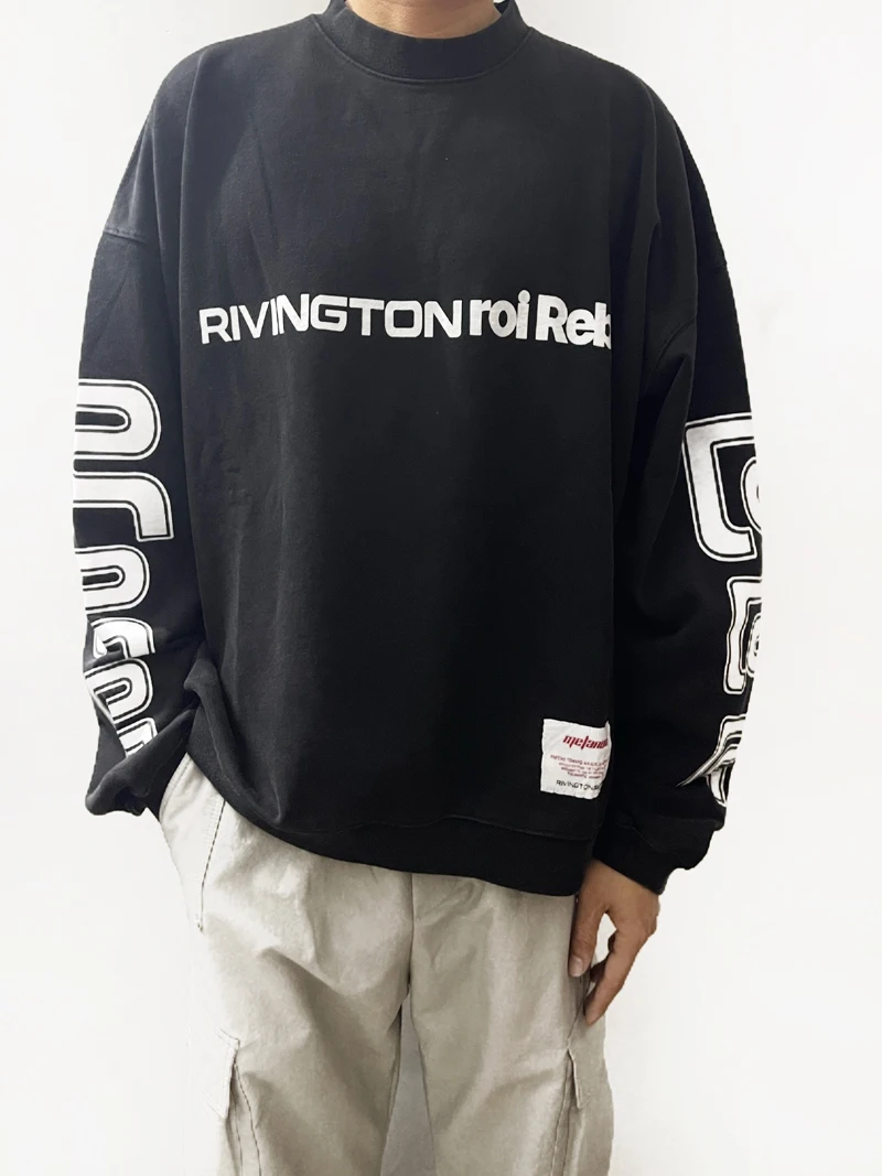 RIVINGTON Roi Ret RRR 123 White Print Embroidery Patch Label Sweatshirts Men Women High Quality Loose Black Sweatshirts Hoodie