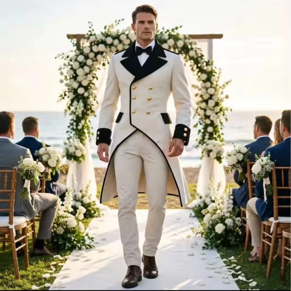 Elegant Wedding Men's Suits Tuxedos Luxury Double Breasted Long Blazer Customized 2 Piece Jacket Pants Sets Formal Groom Outfits