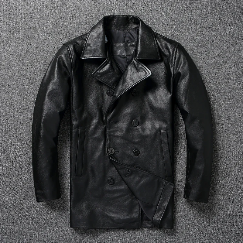 LNY Shop Top.Men Winter genuine leather jacket.740 Plus size black cowhide long business leather coat.무스탕 overcoat.Trench