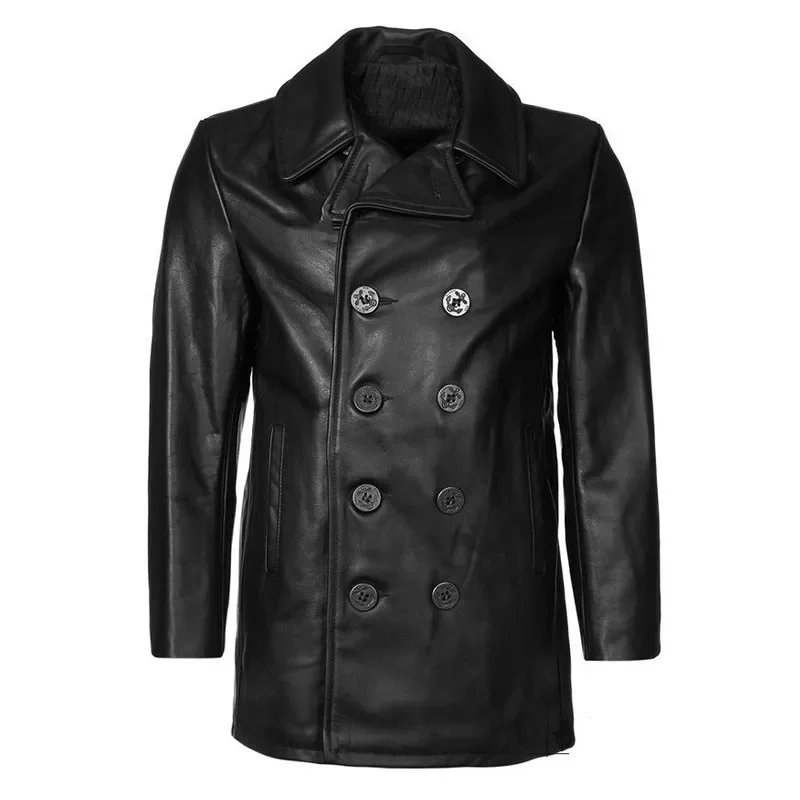 LNY Shop Top.Men Winter genuine leather jacket.740 Plus size black cowhide long business leather coat.무스탕 overcoat.Trench