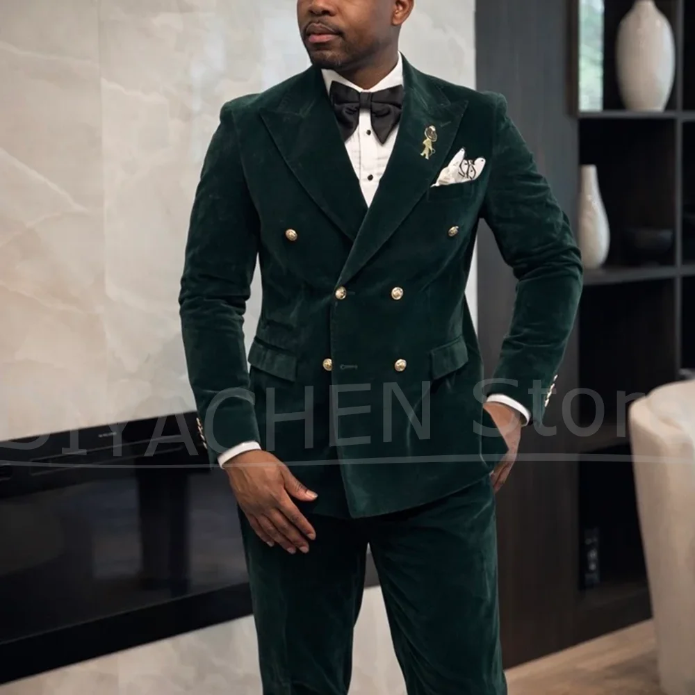 Chic Velvet Men Two Piece Suit Double Breasted Gold Buttons Blazer And Pants Luxury Wedding Groom Evening Party Prom Tuxedo