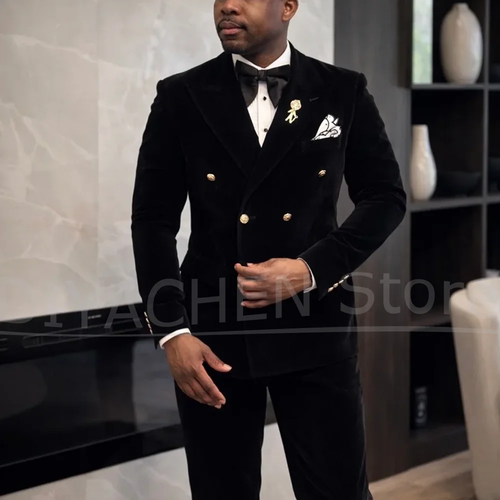 Chic Velvet Men Two Piece Suit Double Breasted Gold Buttons Blazer And Pants Luxury Wedding Groom Evening Party Prom Tuxedo