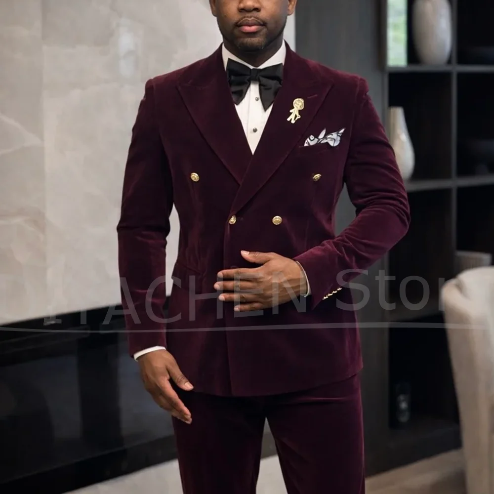 Chic Velvet Men Two Piece Suit Double Breasted Gold Buttons Blazer And Pants Luxury Wedding Groom Evening Party Prom Tuxedo