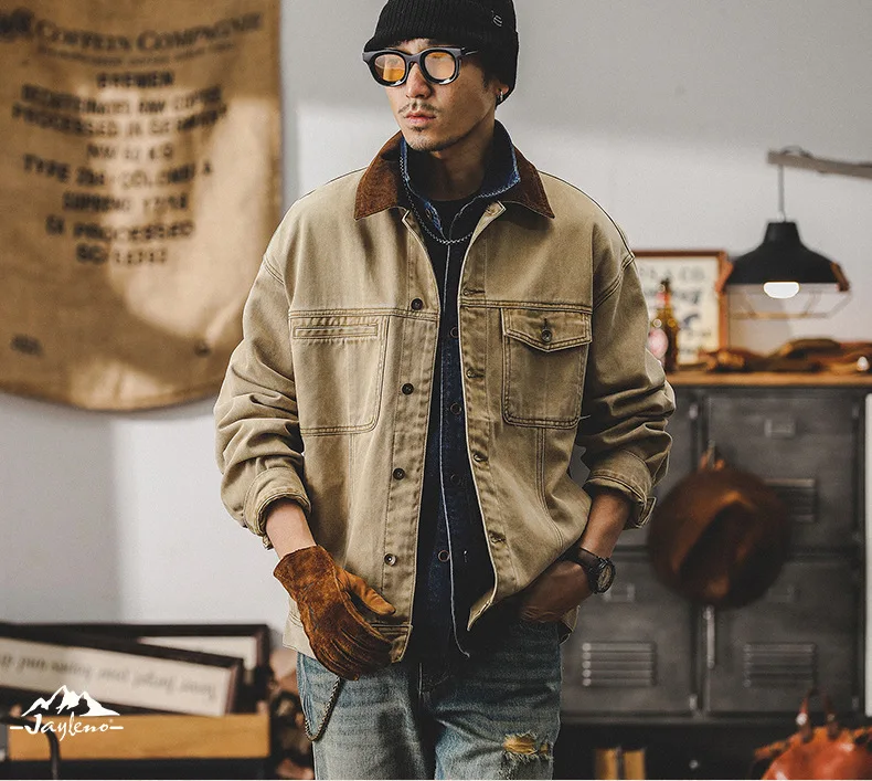 2024 autumn and winter American retro overalls male color contrast loose fashion brand casual jacket