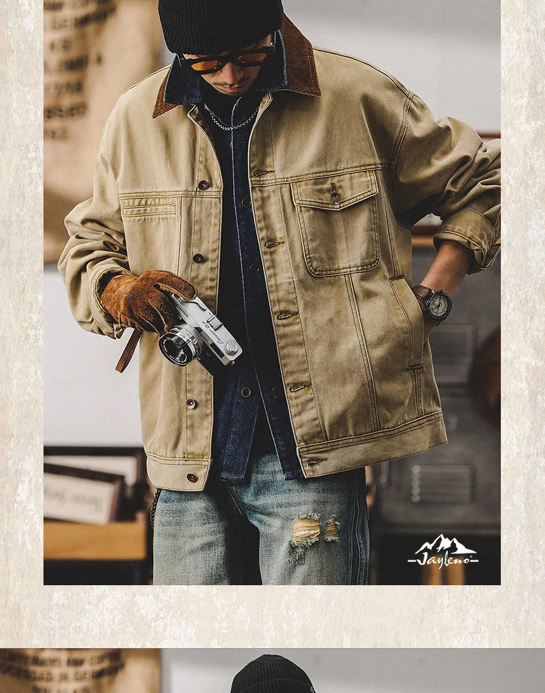 2024 autumn and winter American retro overalls male color contrast loose fashion brand casual jacket