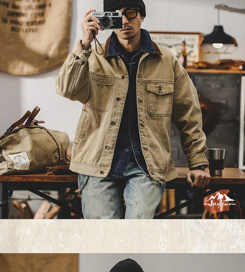 2024 autumn and winter American retro overalls male color contrast loose fashion brand casual jacket