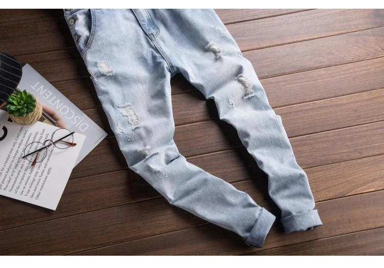 Men's Light Blue Slim Snow Washed Denim Bib Overalls for Tall Big Plus Size Hole Ripped Suspenders Jumpsuits Cargo Torn Jeans